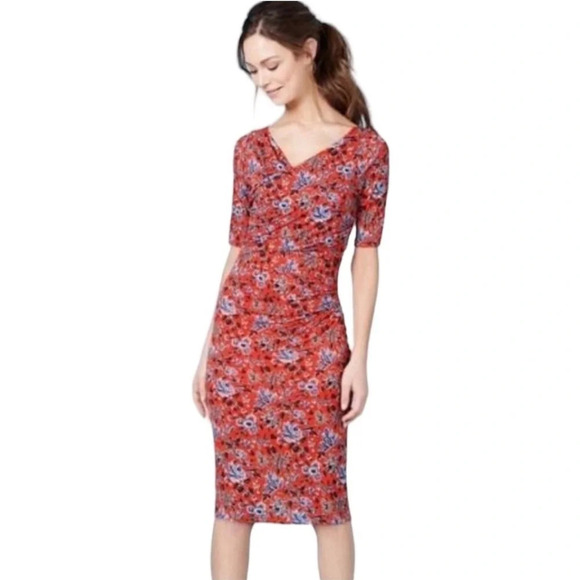 Boden Rita Ruched Firecracker Painterly Floral Jersey Dress size 6P - Picture 1 of 9